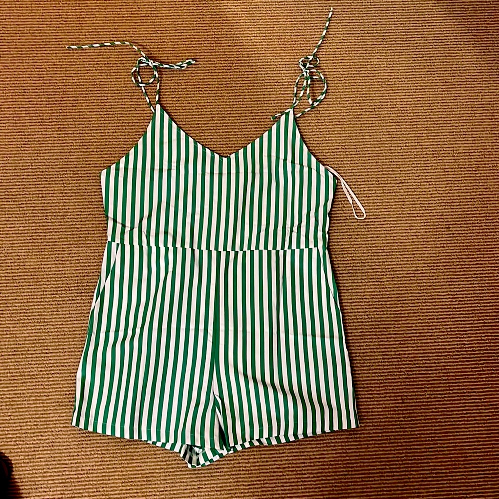NWT: Green and white striped Princess Polly romper with pockets